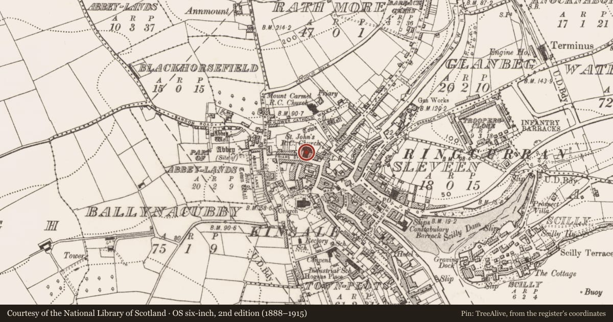 Ordnance Survey six-inch map, 2nd edition (1888–1915) covering the location of Church, Townplots, County Cork, with a pin at the register's coordinates