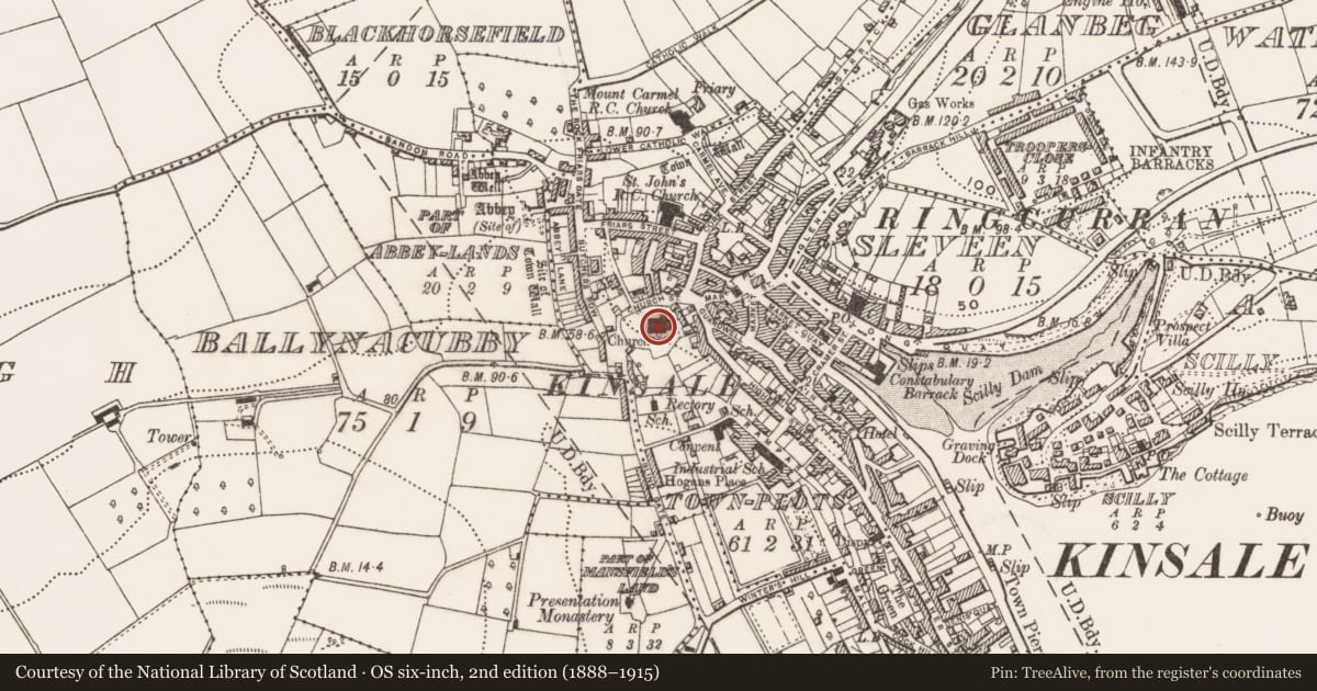 Ordnance Survey six-inch map, 2nd edition (1888–1915) covering the location of Church, Townplots, County Cork, with a pin at the register's coordinates