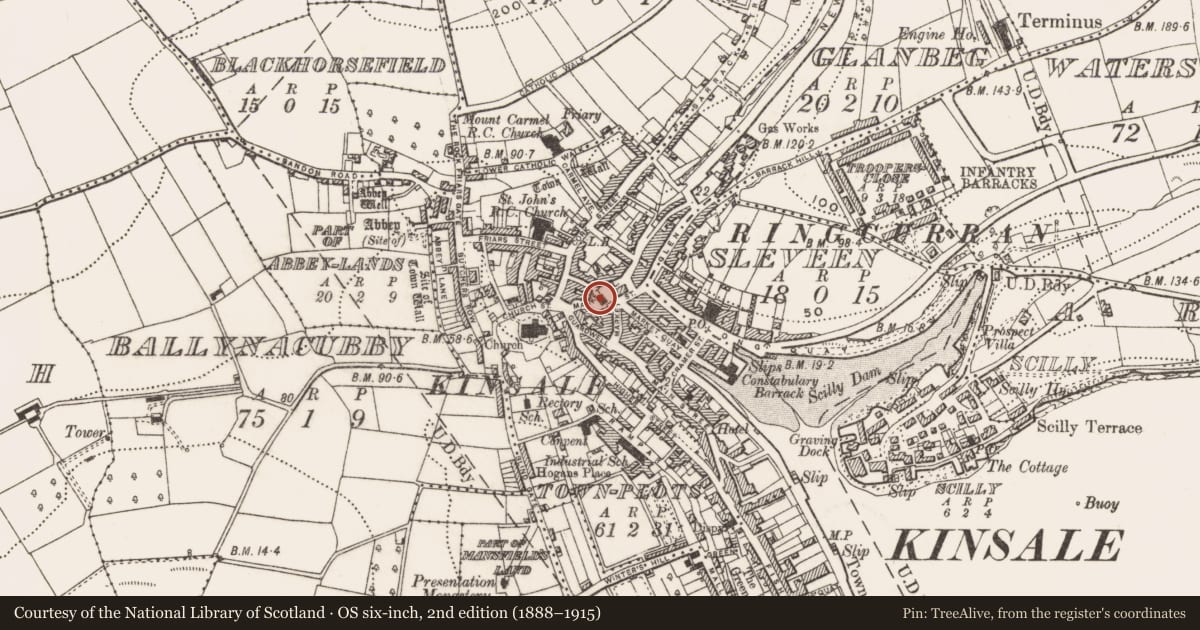 Ordnance Survey six-inch map, 2nd edition (1888–1915) covering the location of Market-house, Townplots, County Cork, with a pin at the register's coordinates