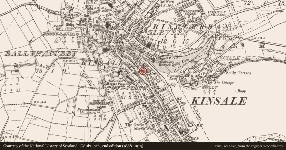 Ordnance Survey six-inch map, 2nd edition (1888–1915) covering the location of House - medieval, Townplots, County Cork, with a pin at the register's coordinates