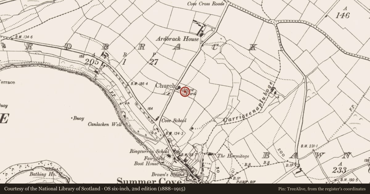 Ordnance Survey six-inch map, 2nd edition (1888–1915) covering the location of Graveyard, Ardbrack, County Cork, with a pin at the register's coordinates