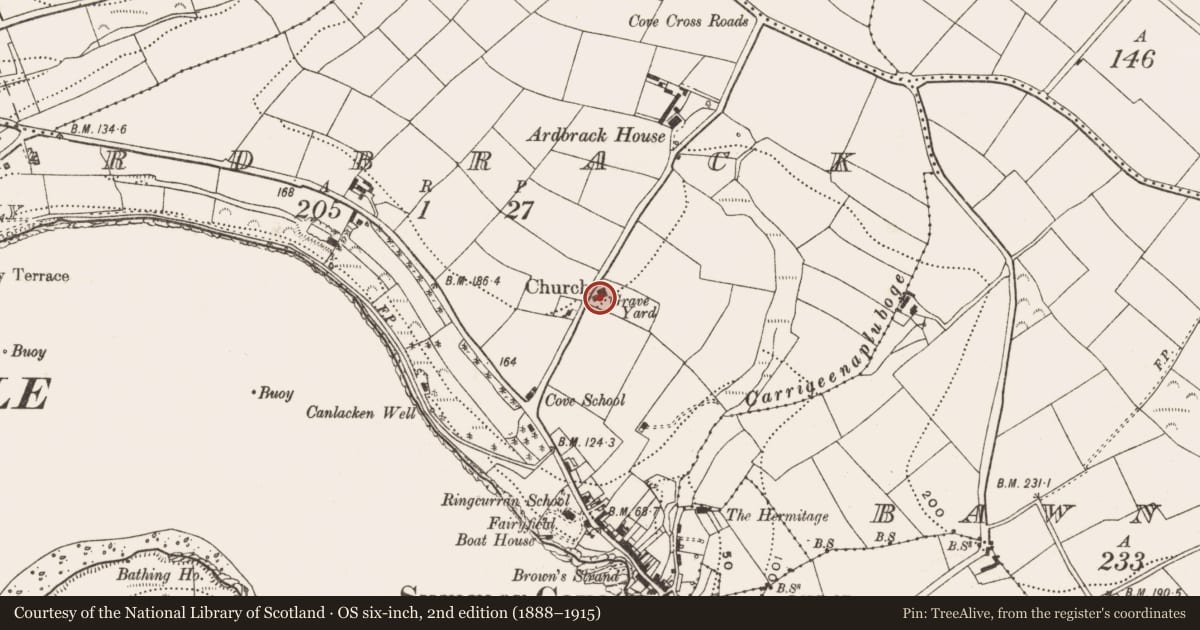 Ordnance Survey six-inch map, 2nd edition (1888–1915) covering the location of Church, Ardbrack, County Cork, with a pin at the register's coordinates