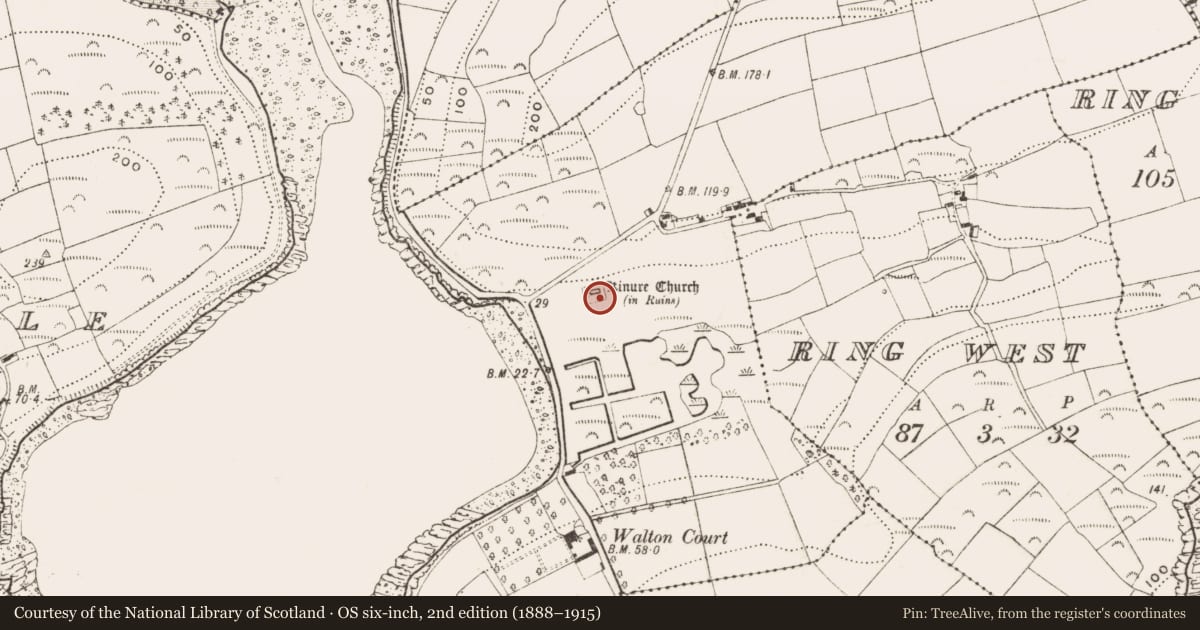 Ordnance Survey six-inch map, 2nd edition (1888–1915) covering the location of Graveyard, Kinure, County Cork, with a pin at the register's coordinates
