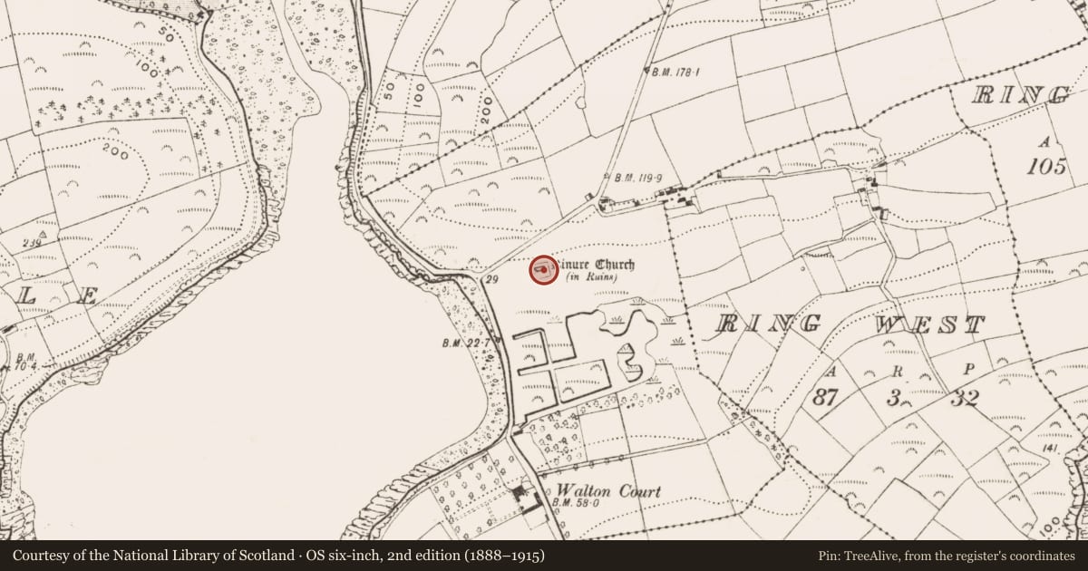 Ordnance Survey six-inch map, 2nd edition (1888–1915) covering the location of Church, Kinure, County Cork, with a pin at the register's coordinates