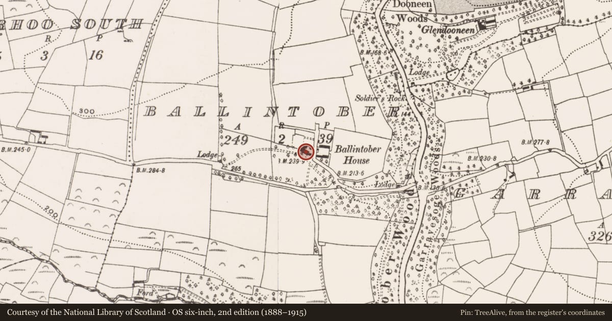 Ordnance Survey six-inch map, 2nd edition (1888–1915) covering the location of Country house, Ballintober, County Cork, with a pin at the register's coordinates