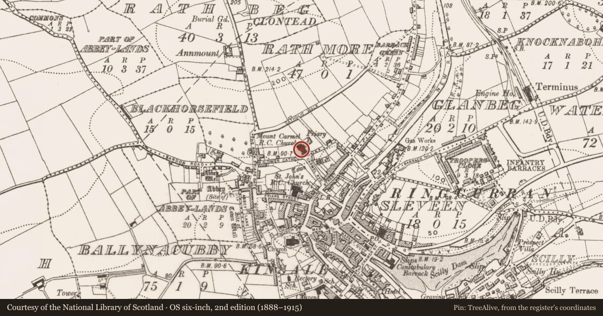 Ordnance Survey six-inch map, 2nd edition (1888–1915) covering the location of Church, Rathmore, County Cork, with a pin at the register's coordinates