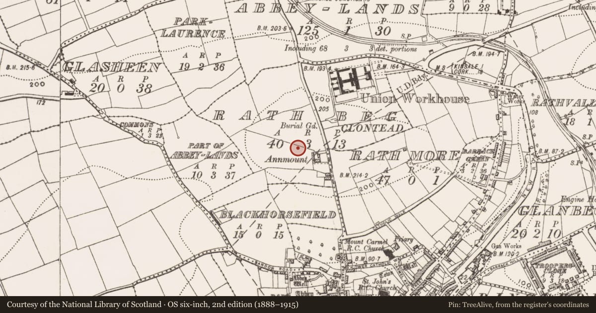 Ordnance Survey six-inch map, 2nd edition (1888–1915) covering the location of Military camp, County Cork, with a pin at the register's coordinates