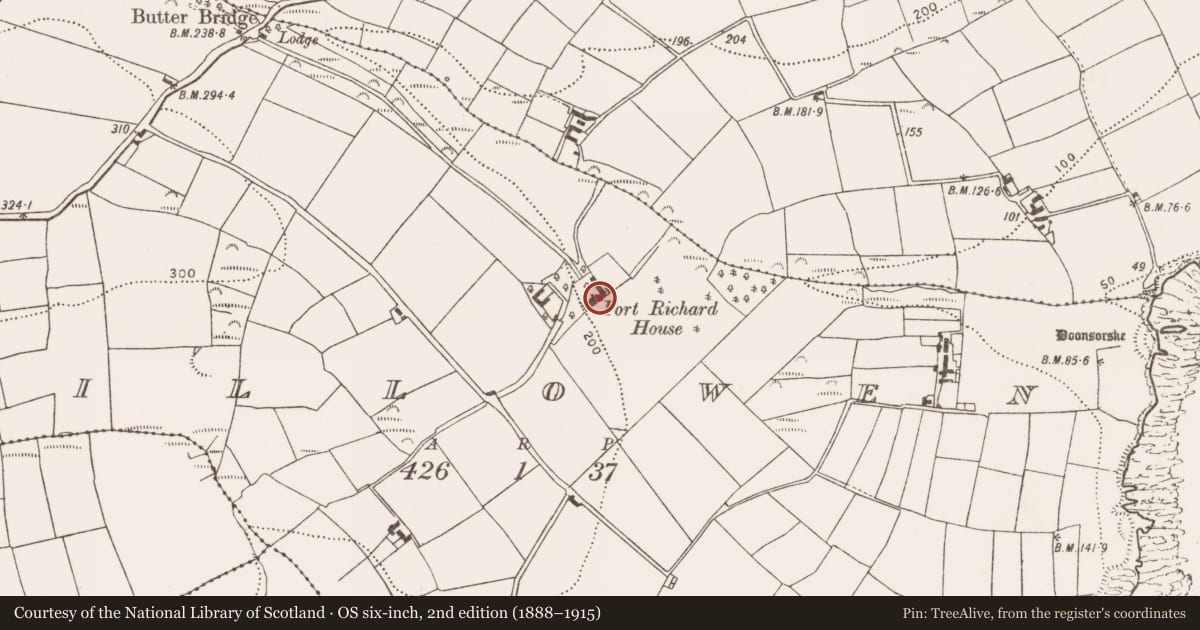Ordnance Survey six-inch map, 2nd edition (1888–1915) covering the location of Country house, Killowen, County Cork, with a pin at the register's coordinates