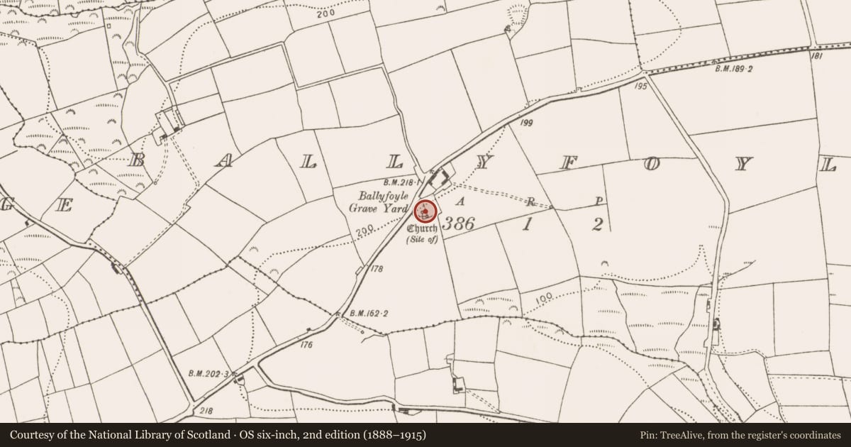 Ordnance Survey six-inch map, 2nd edition (1888–1915) covering the location of Graveyard, Ballyfoyle, County Cork, with a pin at the register's coordinates