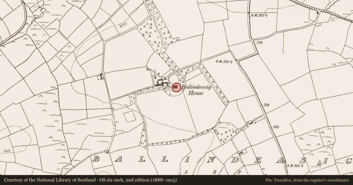 Ordnance Survey six-inch map, 2nd edition (1888–1915) covering the location of Country house, Ballindeasig (Kinalea By., Ballyfoyle Par.), County Cork, with a pin at the register's coordinates
