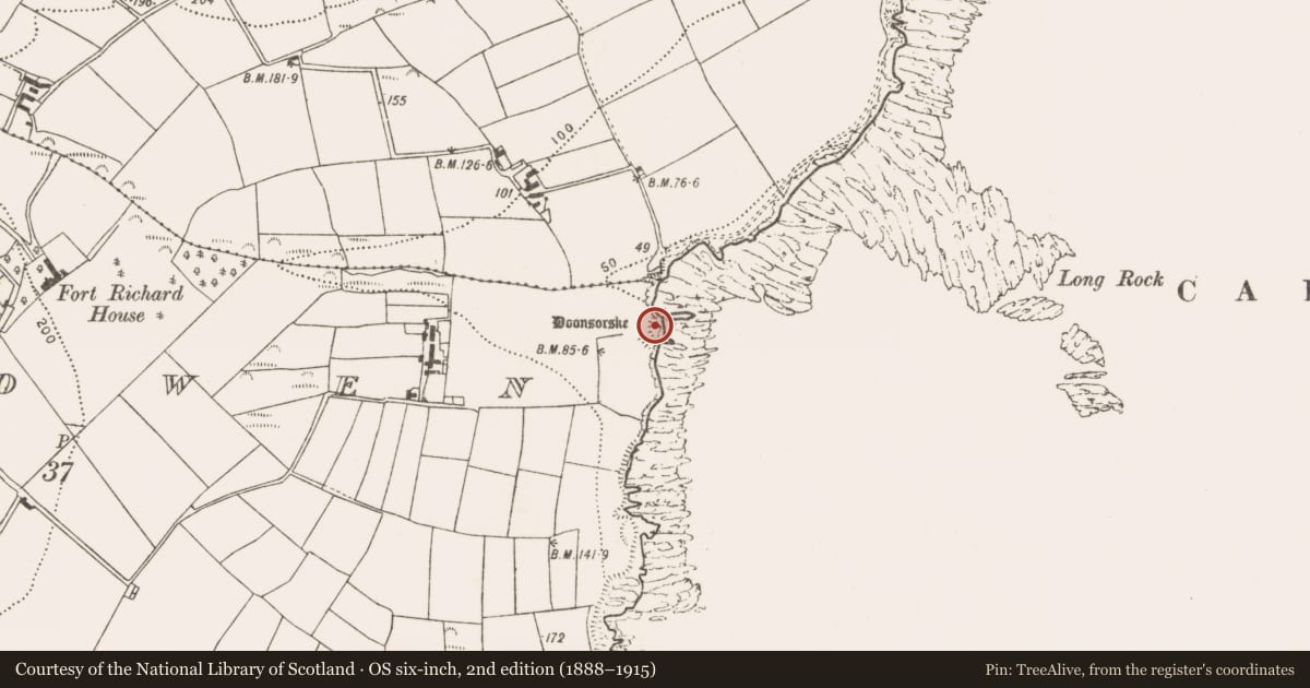 Ordnance Survey six-inch map, 2nd edition (1888–1915) covering the location of Cliff-edge fort, Killowen, County Cork, with a pin at the register's coordinates