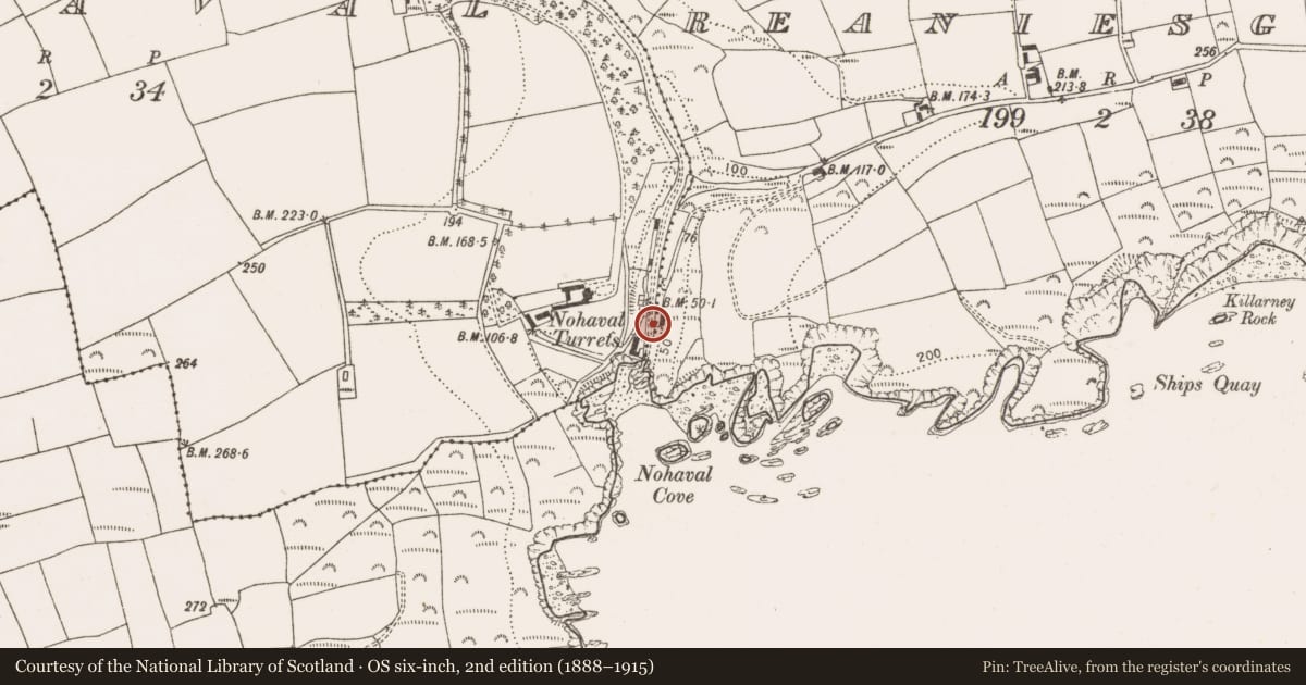 Ordnance Survey six-inch map, 2nd edition (1888–1915) covering the location of Building, Nohaval, County Cork, with a pin at the register's coordinates