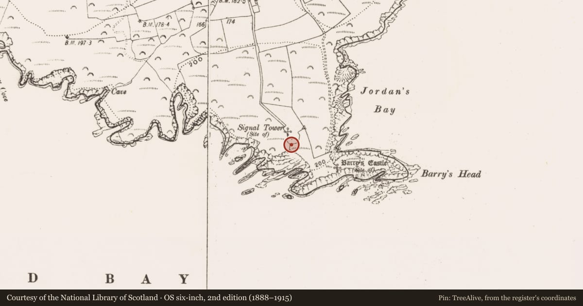 Ordnance Survey six-inch map, 2nd edition (1888–1915) covering the location of Signal tower, Dunbogey, County Cork, with a pin at the register's coordinates