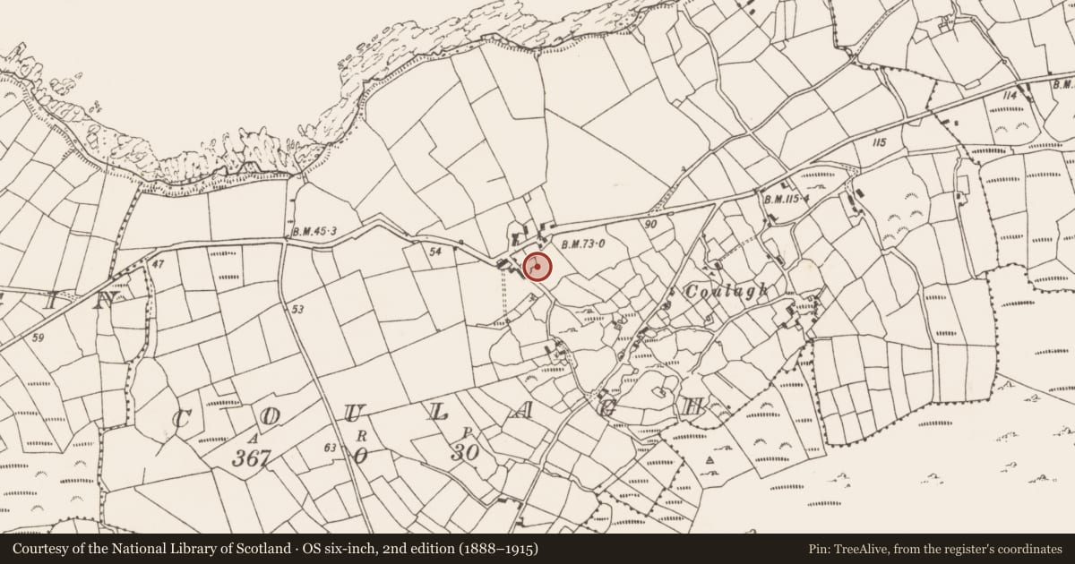 Ordnance Survey six-inch map, 2nd edition (1888–1915) covering the location of Burial ground, Coulagh, County Cork, with a pin at the register's coordinates