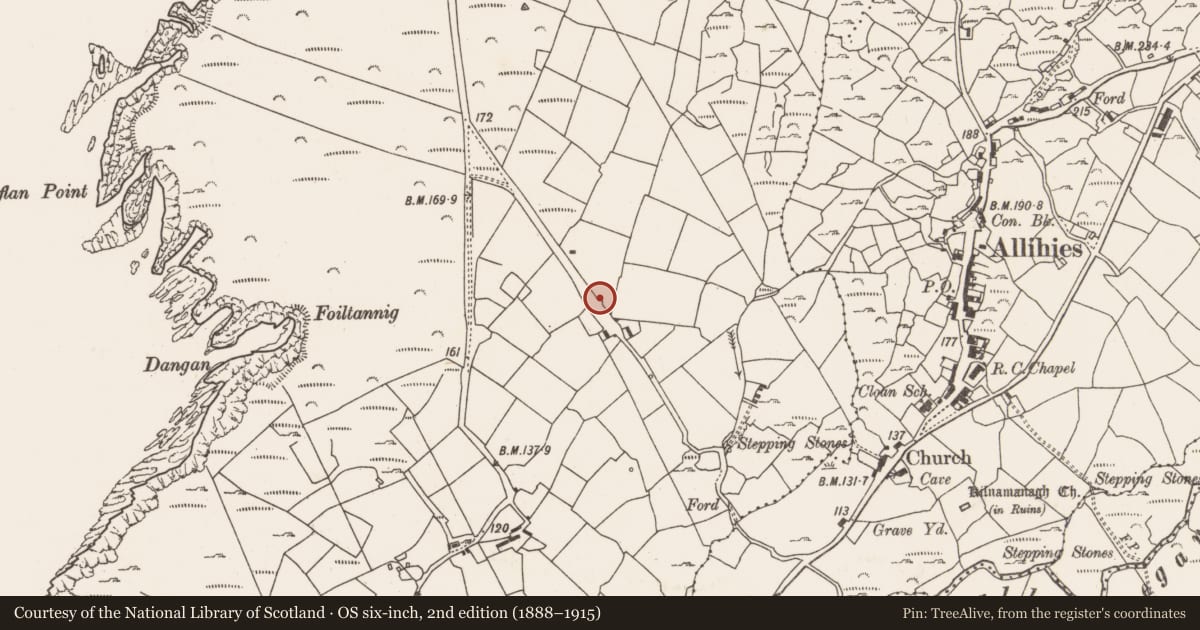Ordnance Survey six-inch map, 2nd edition (1888–1915) covering the location of Penitential station, Allihies, County Cork, with a pin at the register's coordinates