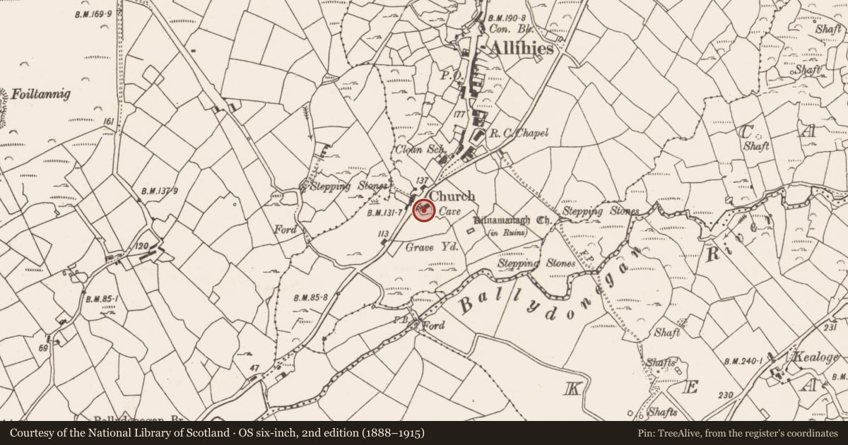 Ordnance Survey six-inch map, 2nd edition (1888–1915) covering the location of Church, Cloan, County Cork, with a pin at the register's coordinates
