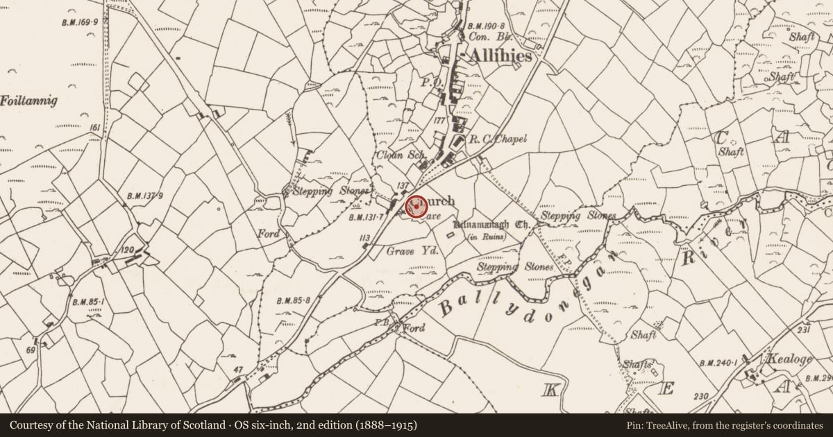 Ordnance Survey six-inch map, 2nd edition (1888–1915) covering the location of Souterrain, Cloan, County Cork, with a pin at the register's coordinates