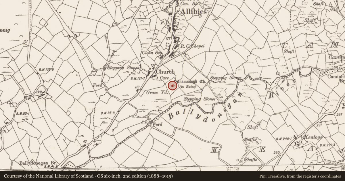 Ordnance Survey six-inch map, 2nd edition (1888–1915) covering the location of Ecclesiastical site, Cloan, County Cork, with a pin at the register's coordinates