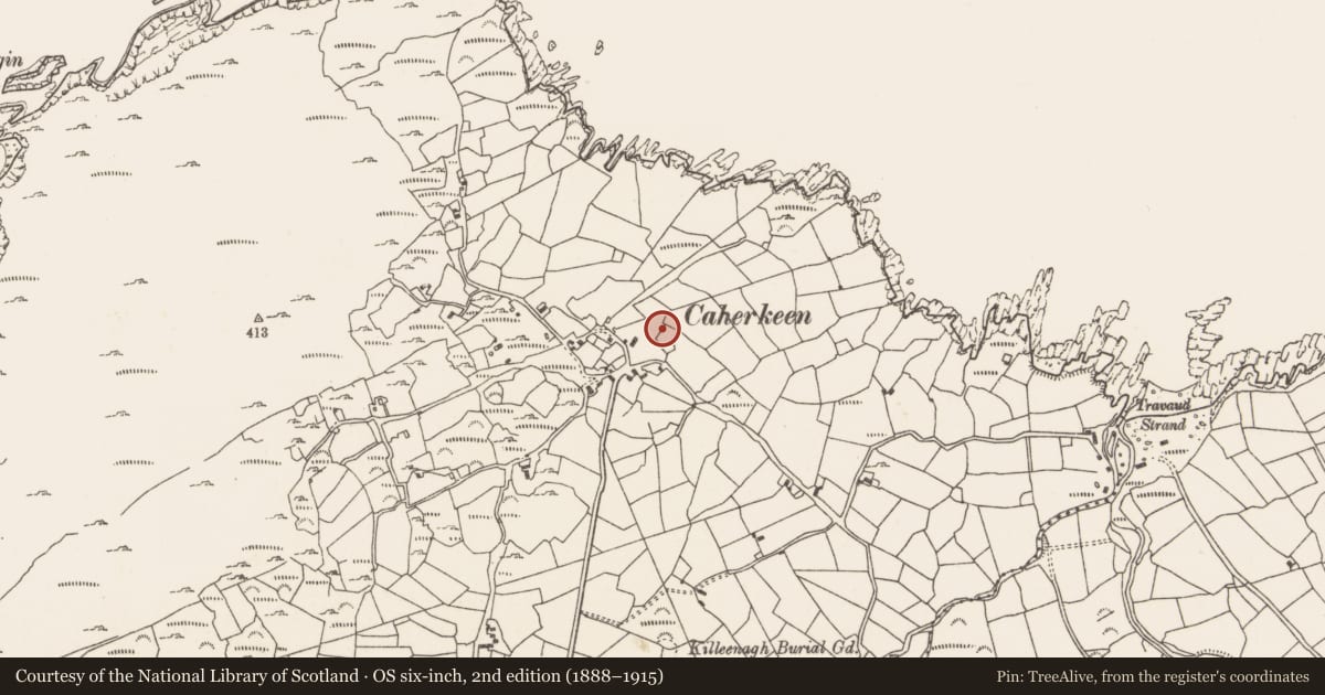 Ordnance Survey six-inch map, 2nd edition (1888–1915) covering the location of Ringfort - cashel, Caherkeen, County Cork, with a pin at the register's coordinates