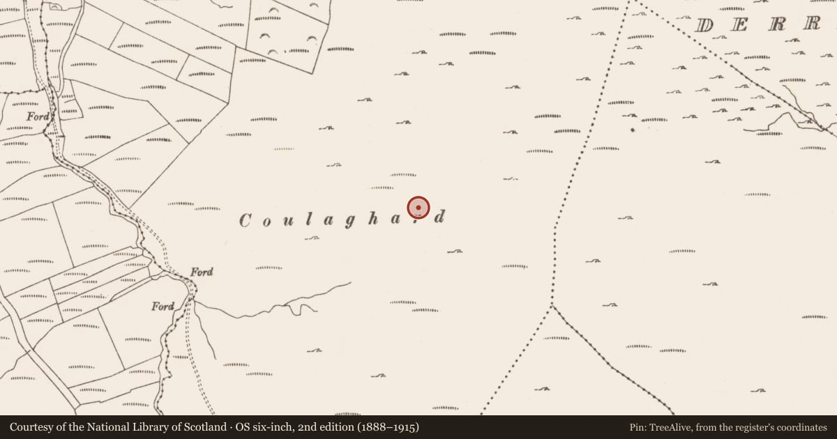 Ordnance Survey six-inch map, 2nd edition (1888–1915) covering the location of Hut site, Commons West, County Cork, with a pin at the register's coordinates