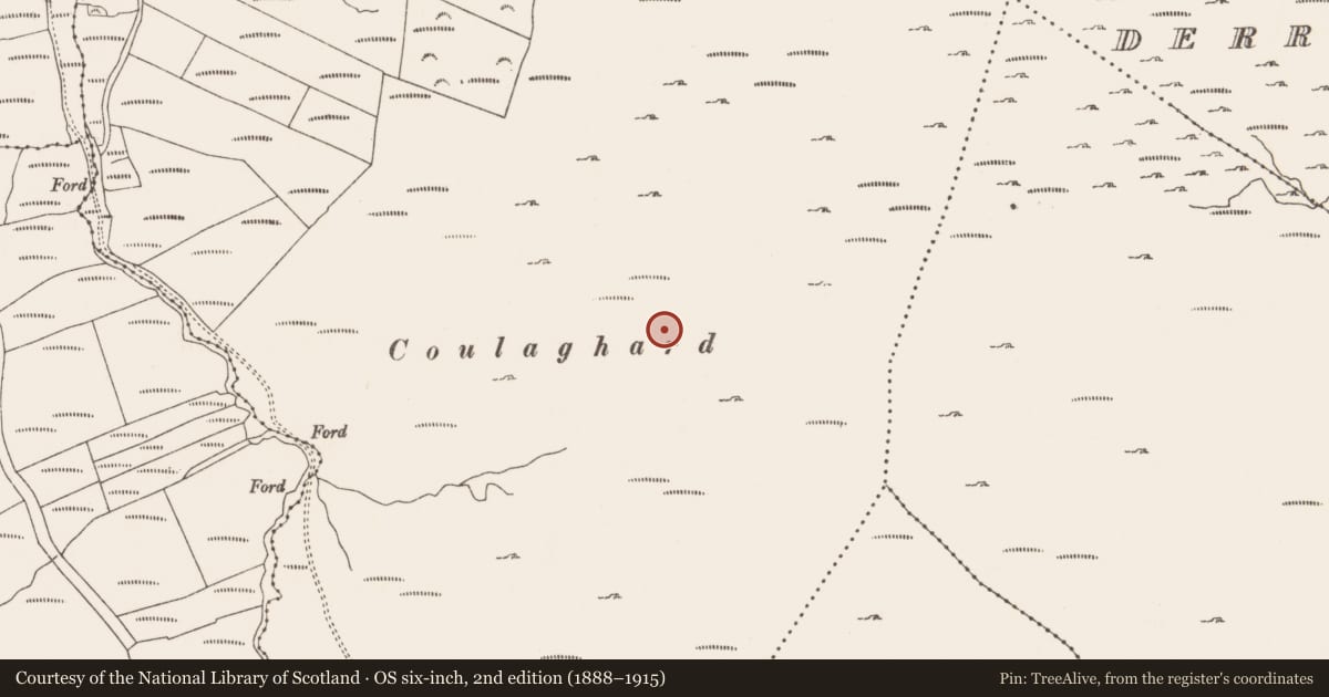 Ordnance Survey six-inch map, 2nd edition (1888–1915) covering the location of Hut site, Commons West, County Cork, with a pin at the register's coordinates