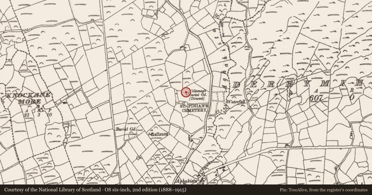 Ordnance Survey six-inch map, 2nd edition (1888–1915) covering the location of Burial ground, Foildarrig, County Cork, with a pin at the register's coordinates