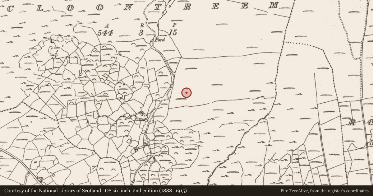 Ordnance Survey six-inch map, 2nd edition (1888–1915) covering the location of Hut site, Cloontreem, County Cork, with a pin at the register's coordinates