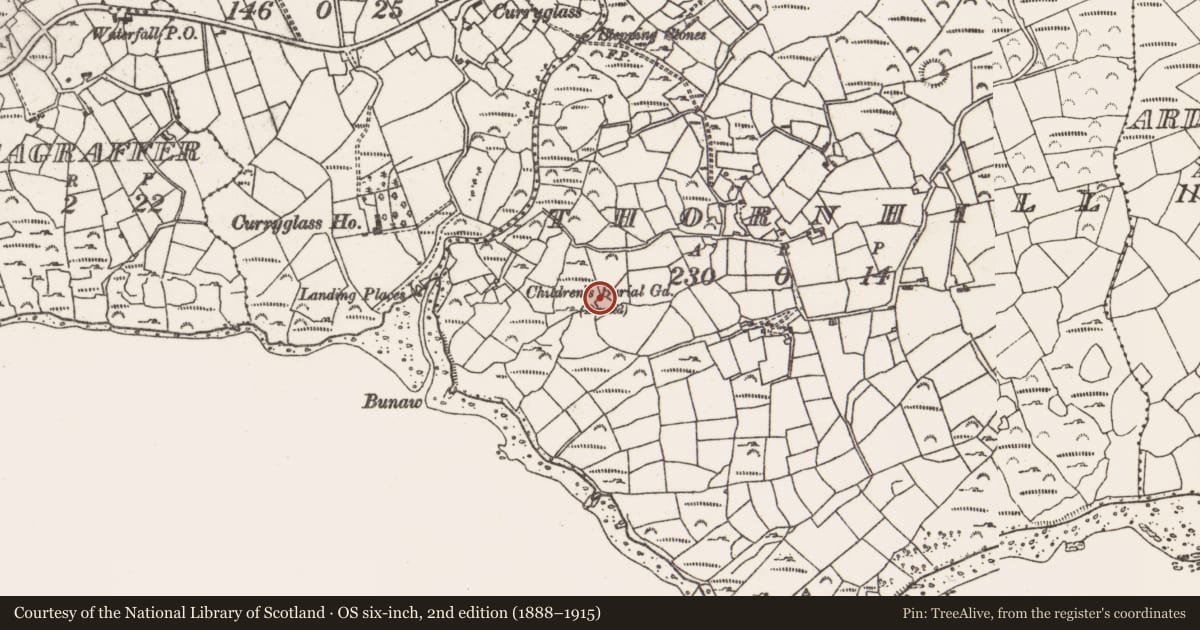 Ordnance Survey six-inch map, 2nd edition (1888–1915) covering the location of Burial ground, Thornhill, County Cork, with a pin at the register's coordinates