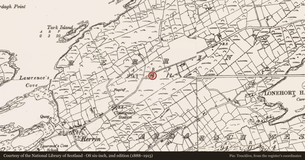 Ordnance Survey six-inch map, 2nd edition (1888–1915) covering the location of Martello tower, Rerrin, County Cork, with a pin at the register's coordinates