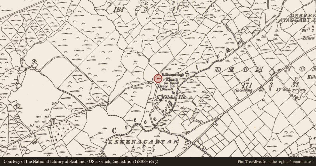 Ordnance Survey six-inch map, 2nd edition (1888–1915) covering the location of Graveyard, Curradonohoe, County Cork, with a pin at the register's coordinates