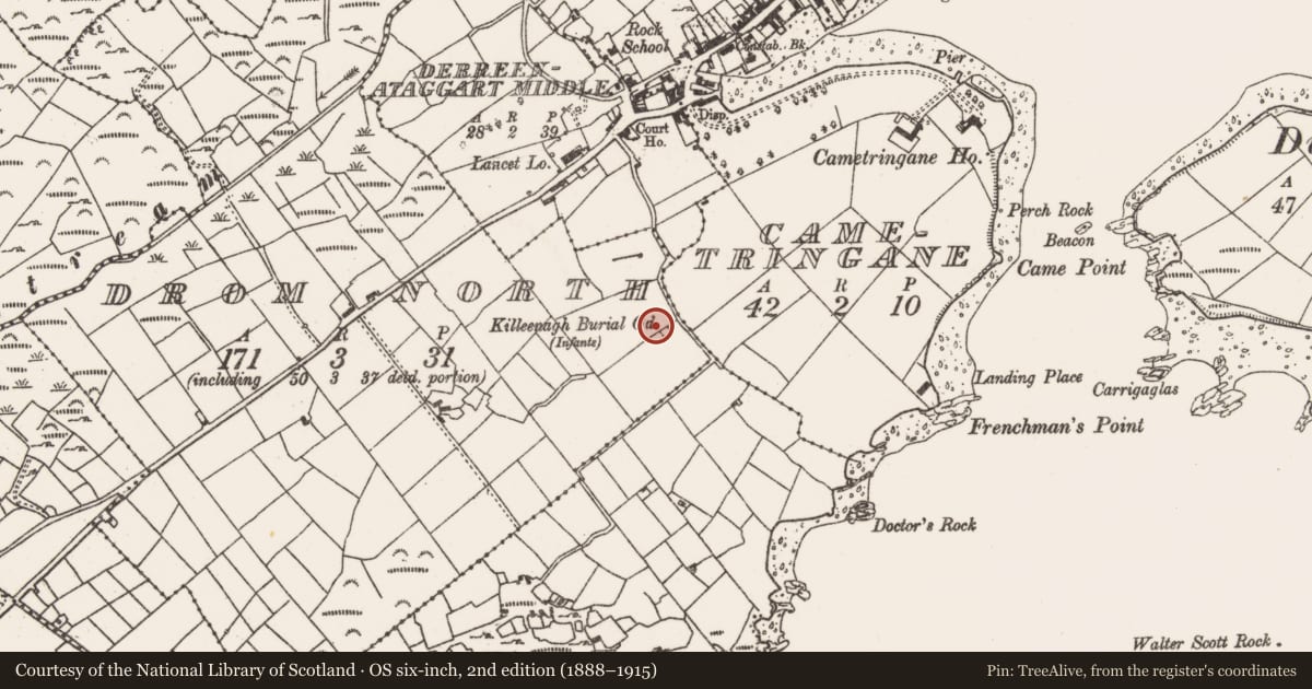 Ordnance Survey six-inch map, 2nd edition (1888–1915) covering the location of Burial ground, Drom North, County Cork, with a pin at the register's coordinates