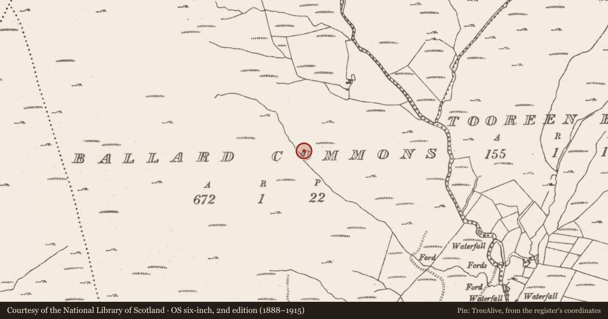 Ordnance Survey six-inch map, 2nd edition (1888–1915) covering the location of Hut site, Ballard Commons, County Cork, with a pin at the register's coordinates