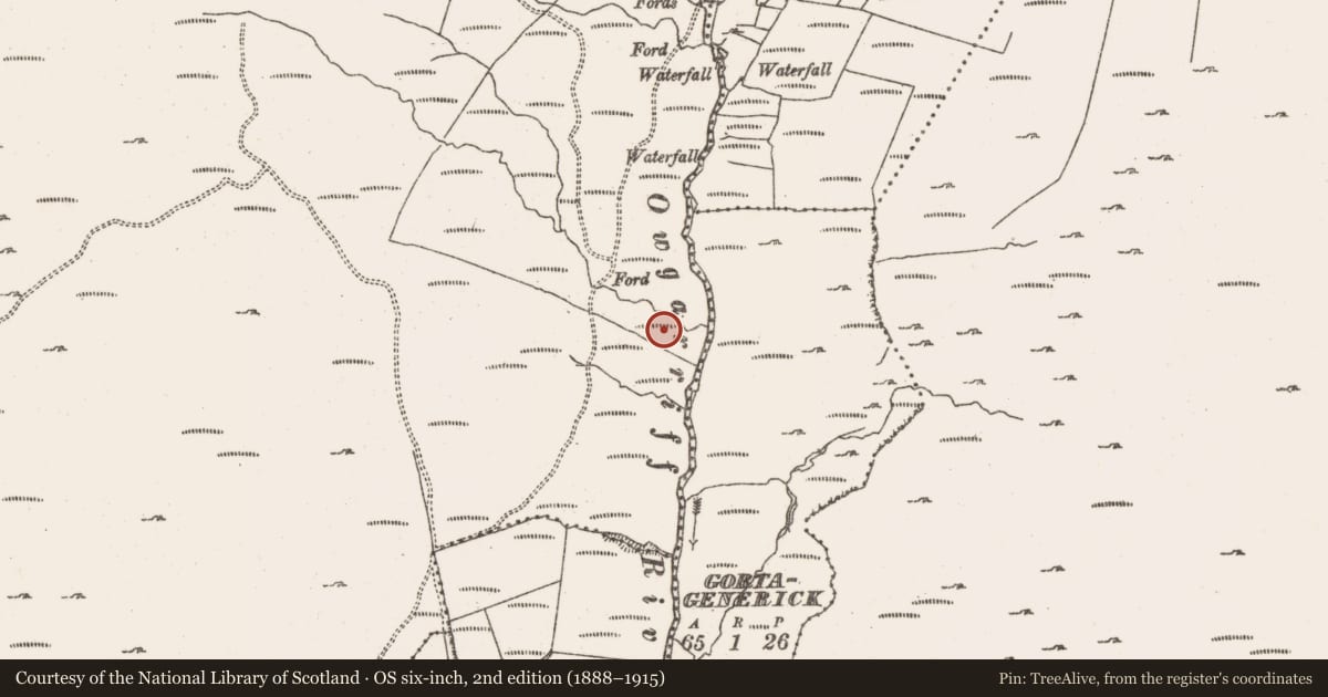 Ordnance Survey six-inch map, 2nd edition (1888–1915) covering the location of Hut site, Ballard Commons, County Cork, with a pin at the register's coordinates