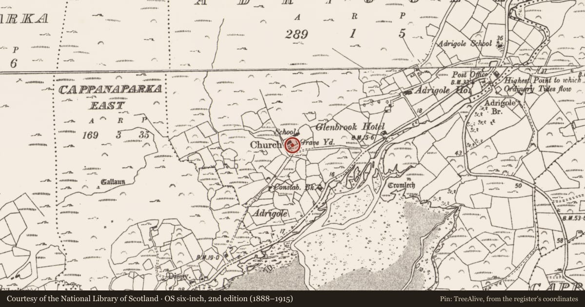 Ordnance Survey six-inch map, 2nd edition (1888–1915) covering the location of Graveyard, Adrigole, County Cork, with a pin at the register's coordinates