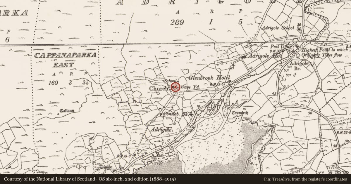 Ordnance Survey six-inch map, 2nd edition (1888–1915) covering the location of Church, Adrigole, County Cork, with a pin at the register's coordinates