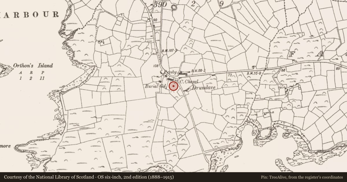 Ordnance Survey six-inch map, 2nd edition (1888–1915) covering the location of Graveyard, Drumlave, County Cork, with a pin at the register's coordinates