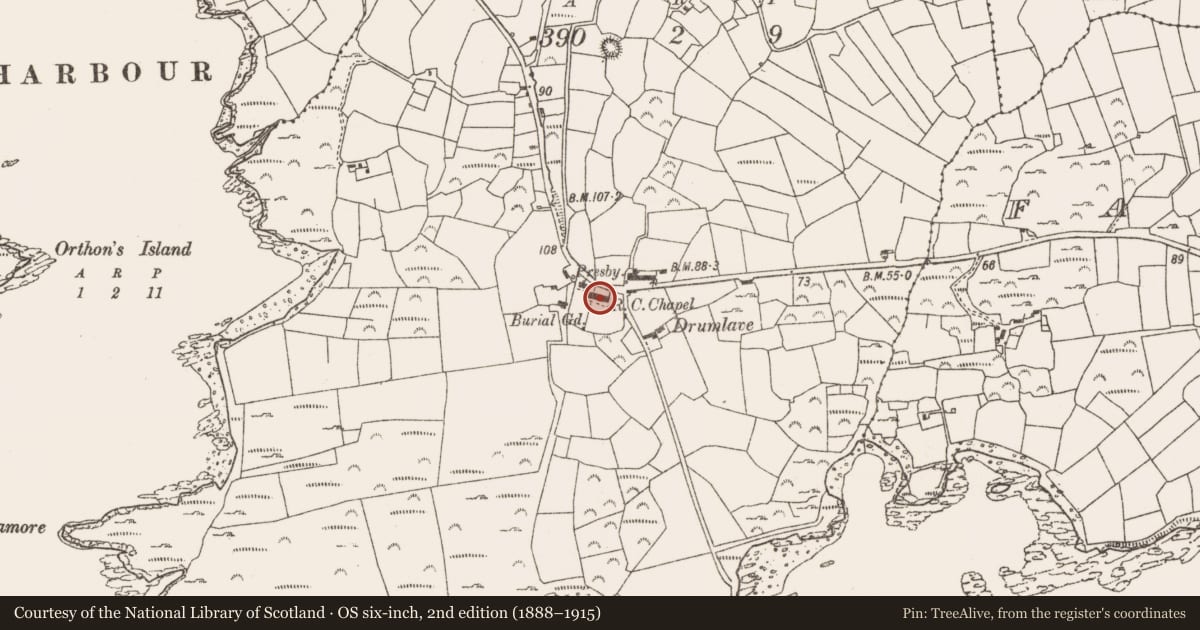 Ordnance Survey six-inch map, 2nd edition (1888–1915) covering the location of Church, Drumlave, County Cork, with a pin at the register's coordinates