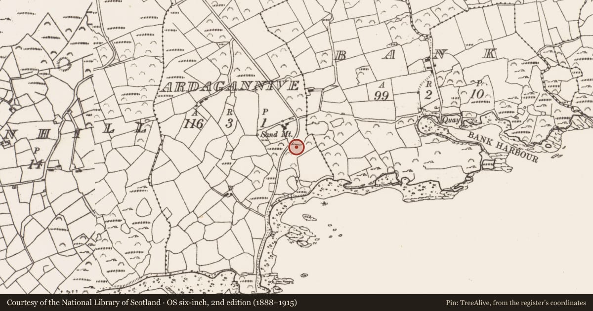 Ordnance Survey six-inch map, 2nd edition (1888–1915) covering the location of Mass-rock, Ardagannive, County Cork, with a pin at the register's coordinates