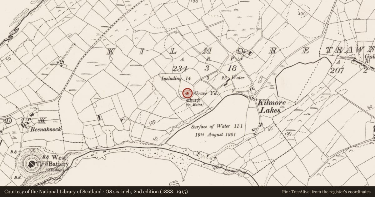 Ordnance Survey six-inch map, 2nd edition (1888–1915) covering the location of Graveyard, Kilmore, County Cork, with a pin at the register's coordinates
