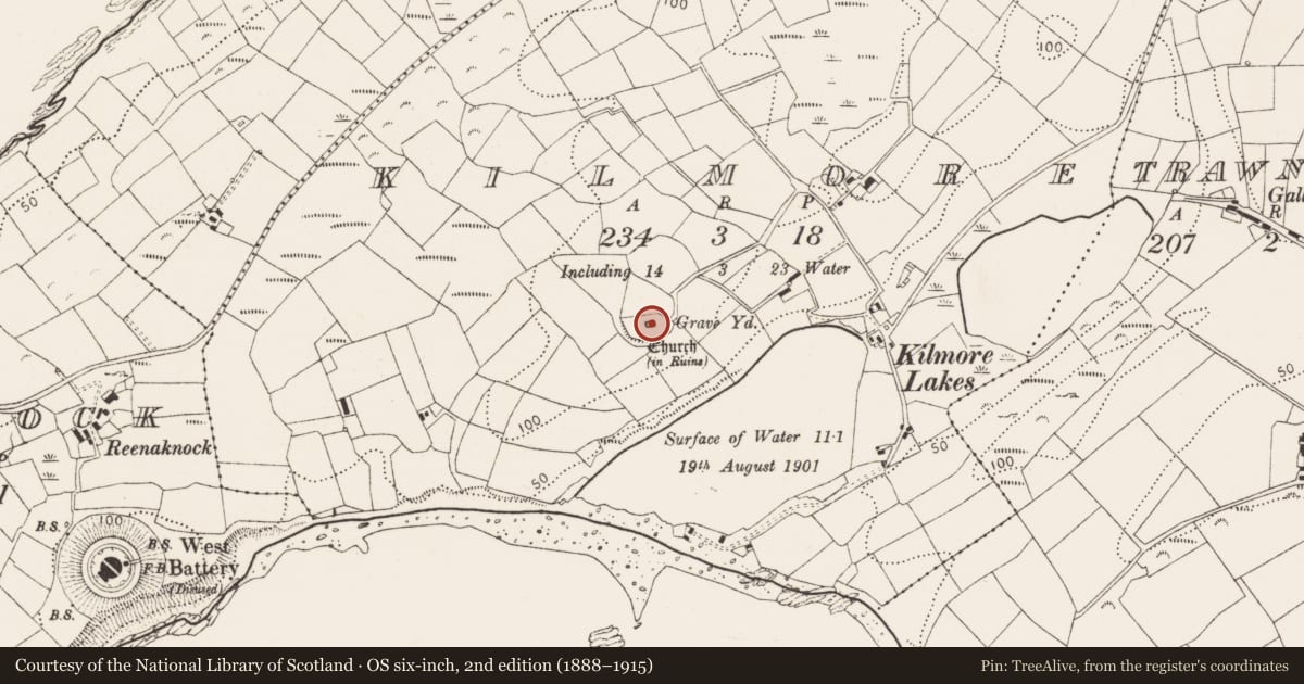 Ordnance Survey six-inch map, 2nd edition (1888–1915) covering the location of Church, Kilmore, County Cork, with a pin at the register's coordinates