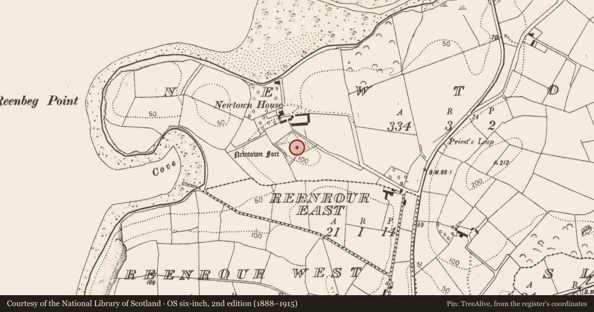 Ordnance Survey six-inch map, 2nd edition (1888–1915) covering the location of Bastioned fort, Newtown, County Cork, with a pin at the register's coordinates