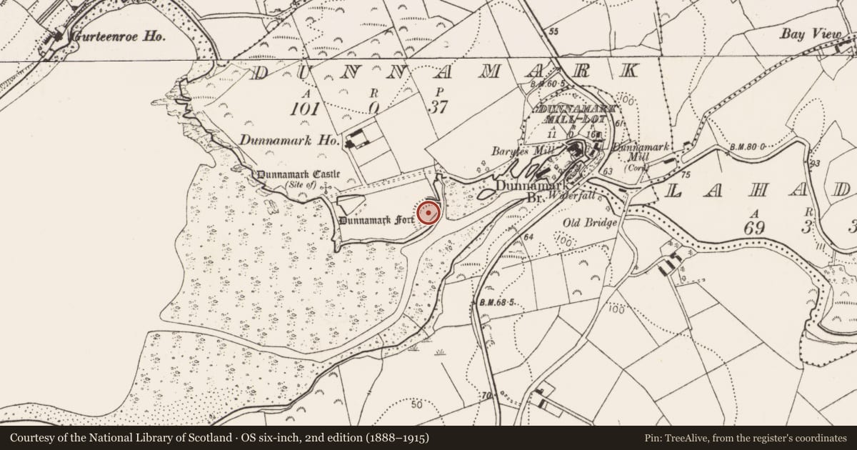 Ordnance Survey six-inch map, 2nd edition (1888–1915) covering the location of Cliff-edge fort, Dunnamark, County Cork, with a pin at the register's coordinates
