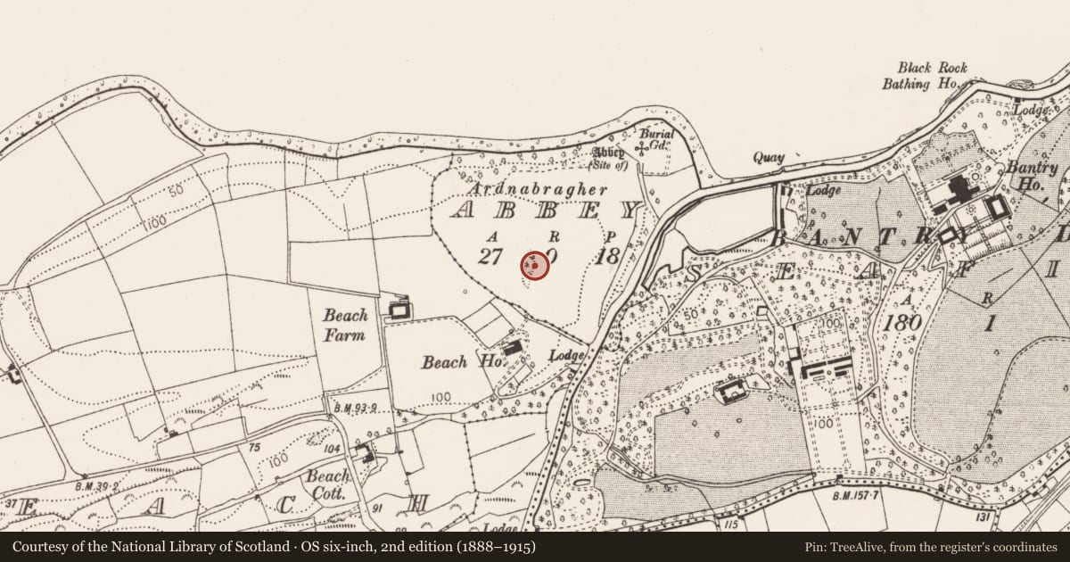 Ordnance Survey six-inch map, 2nd edition (1888–1915) covering the location of Designed landscape feature, Abbey, County Cork, with a pin at the register's coordinates