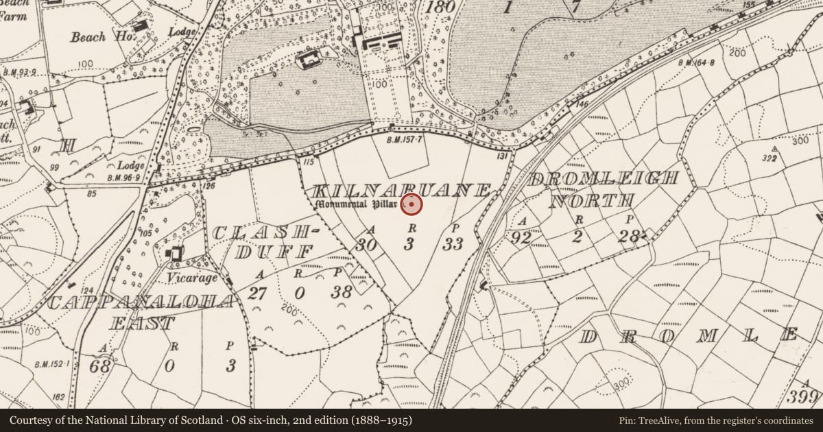 Ordnance Survey six-inch map, 2nd edition (1888–1915) covering the location of Burial ground, Kilnaruane, County Cork, with a pin at the register's coordinates