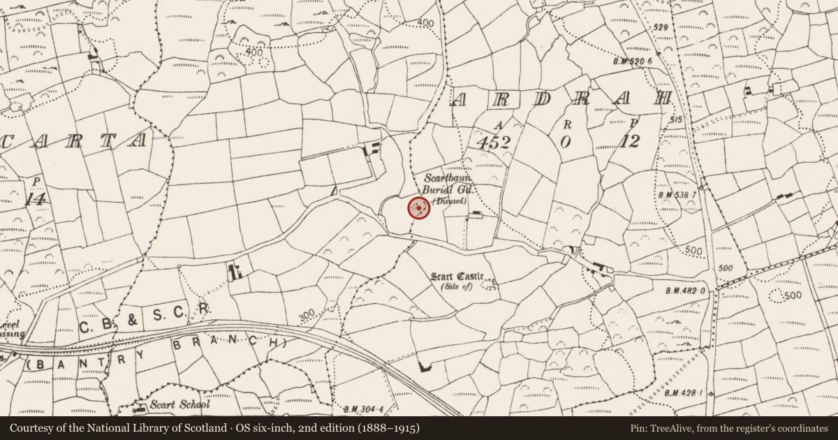 Ordnance Survey six-inch map, 2nd edition (1888–1915) covering the location of Burial ground, Scartbaun, County Cork, with a pin at the register's coordinates