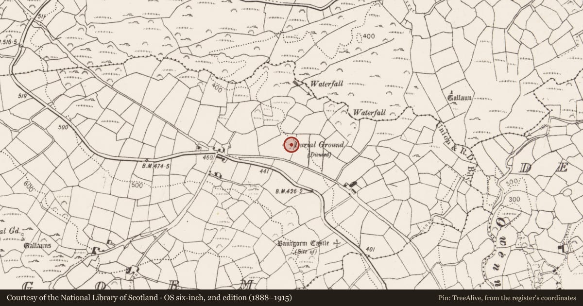 Ordnance Survey six-inch map, 2nd edition (1888–1915) covering the location of Burial ground, Baurgorm, County Cork, with a pin at the register's coordinates