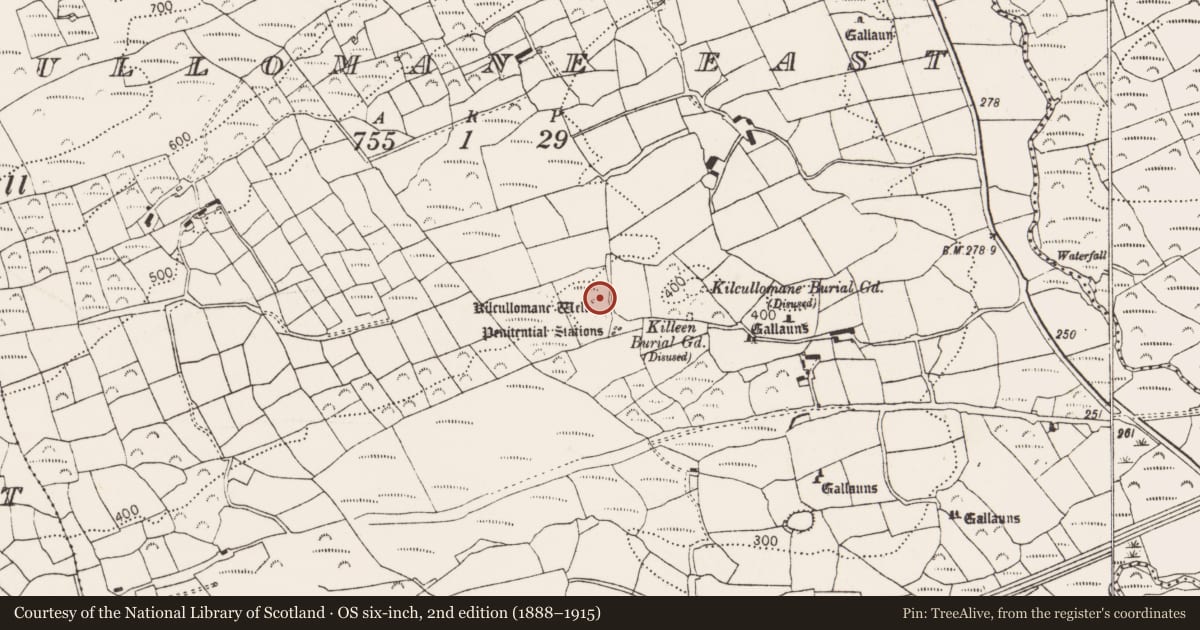 Ordnance Survey six-inch map, 2nd edition (1888–1915) covering the location of Ritual site - holy well, Cullomane East, County Cork, with a pin at the register's coordinates