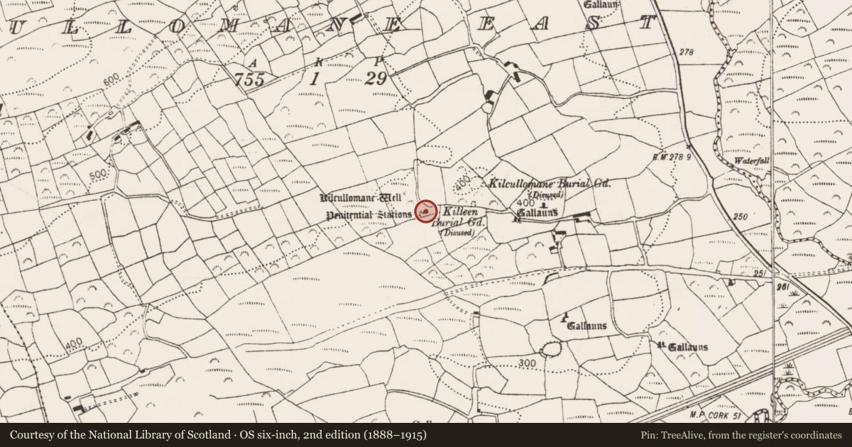 Ordnance Survey six-inch map, 2nd edition (1888–1915) covering the location of Penitential station, Cullomane East, County Cork, with a pin at the register's coordinates