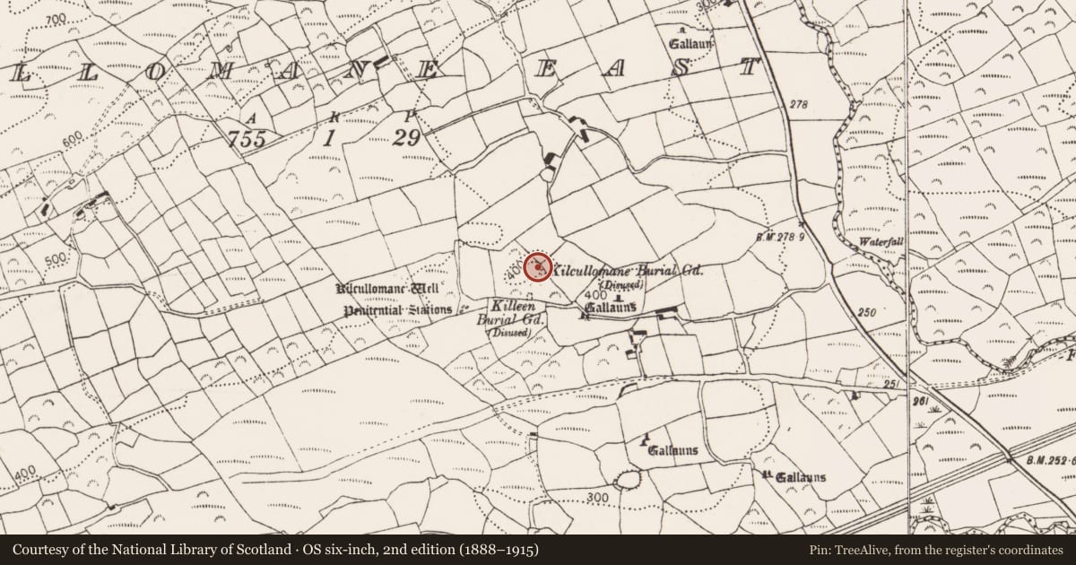 Ordnance Survey six-inch map, 2nd edition (1888–1915) covering the location of Burial ground, Cullomane East, County Cork, with a pin at the register's coordinates
