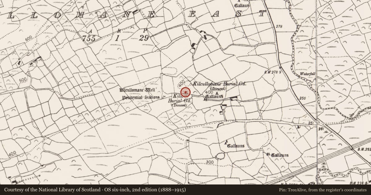 Ordnance Survey six-inch map, 2nd edition (1888–1915) covering the location of Burial ground, Cullomane East, County Cork, with a pin at the register's coordinates
